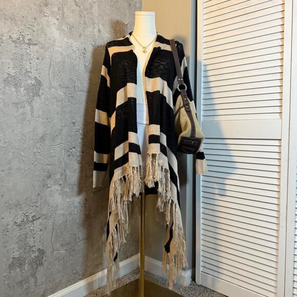 Boho Cream & Black Striped Cardigan with fringe detailing - Picture 2 of 8